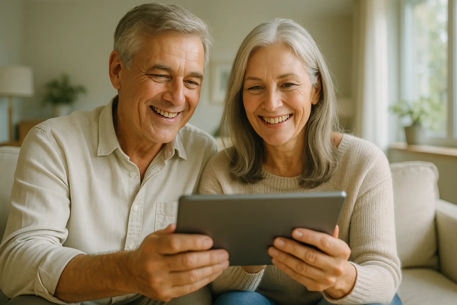 Couple de seniors comparant la meilleure mutuelle santé senior sur un site de comparaison en ligne