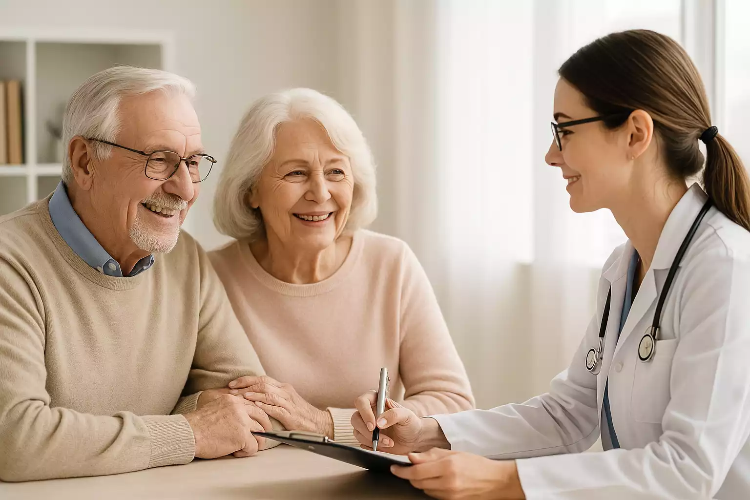 Un médecin qui échange avec un couple de seniors sur les garanties de leur mutuelle