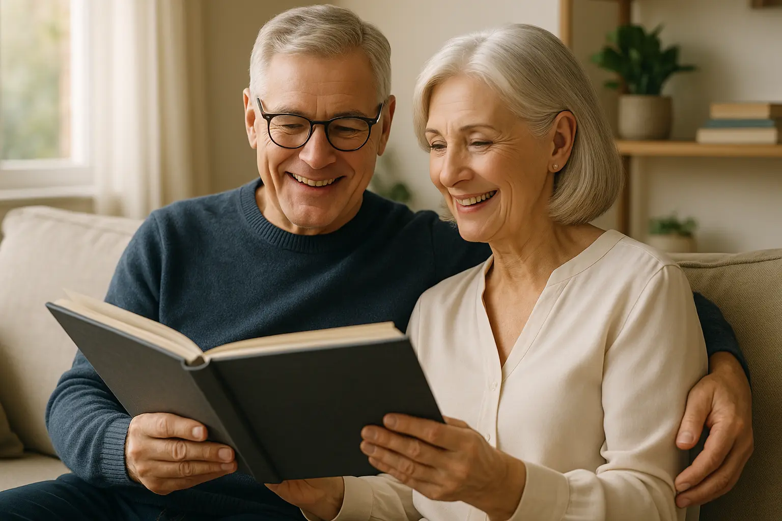 couple-de-seniors-souriant-lisant-un-livre