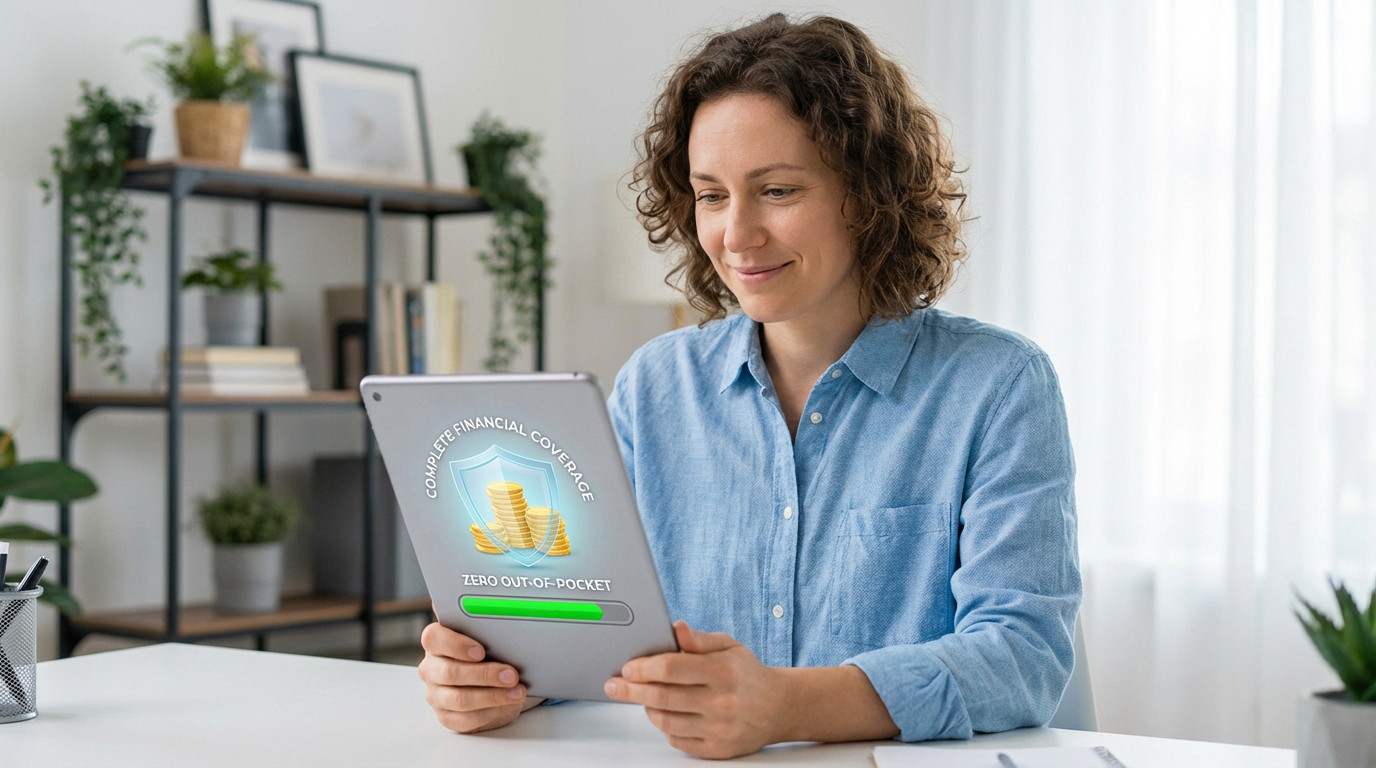An individual views a tablet in a home office. Screen shows infographic for complete financial coverage: shield, coins, full green bar.