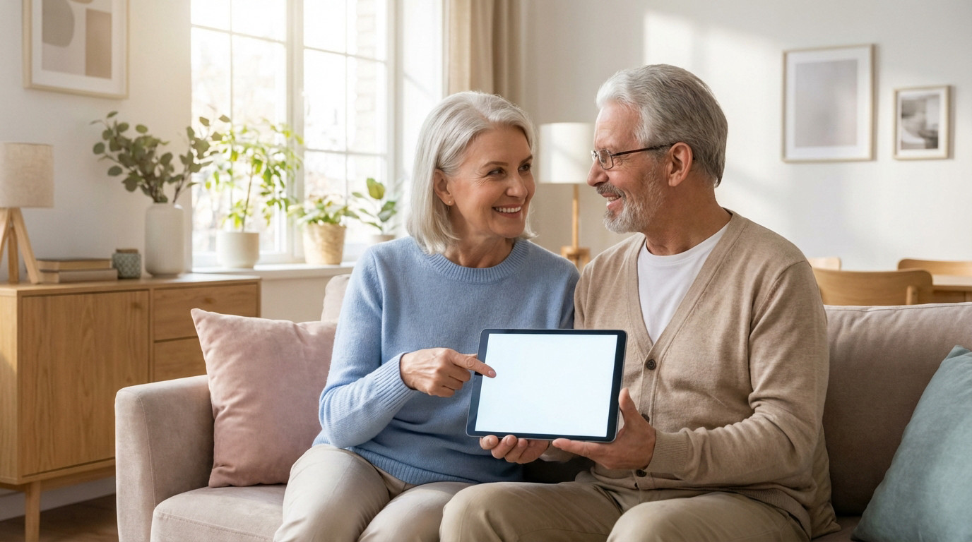 A smiling senior couple reviews information on a tablet in a bright, modern living room, conveying peace of mind.