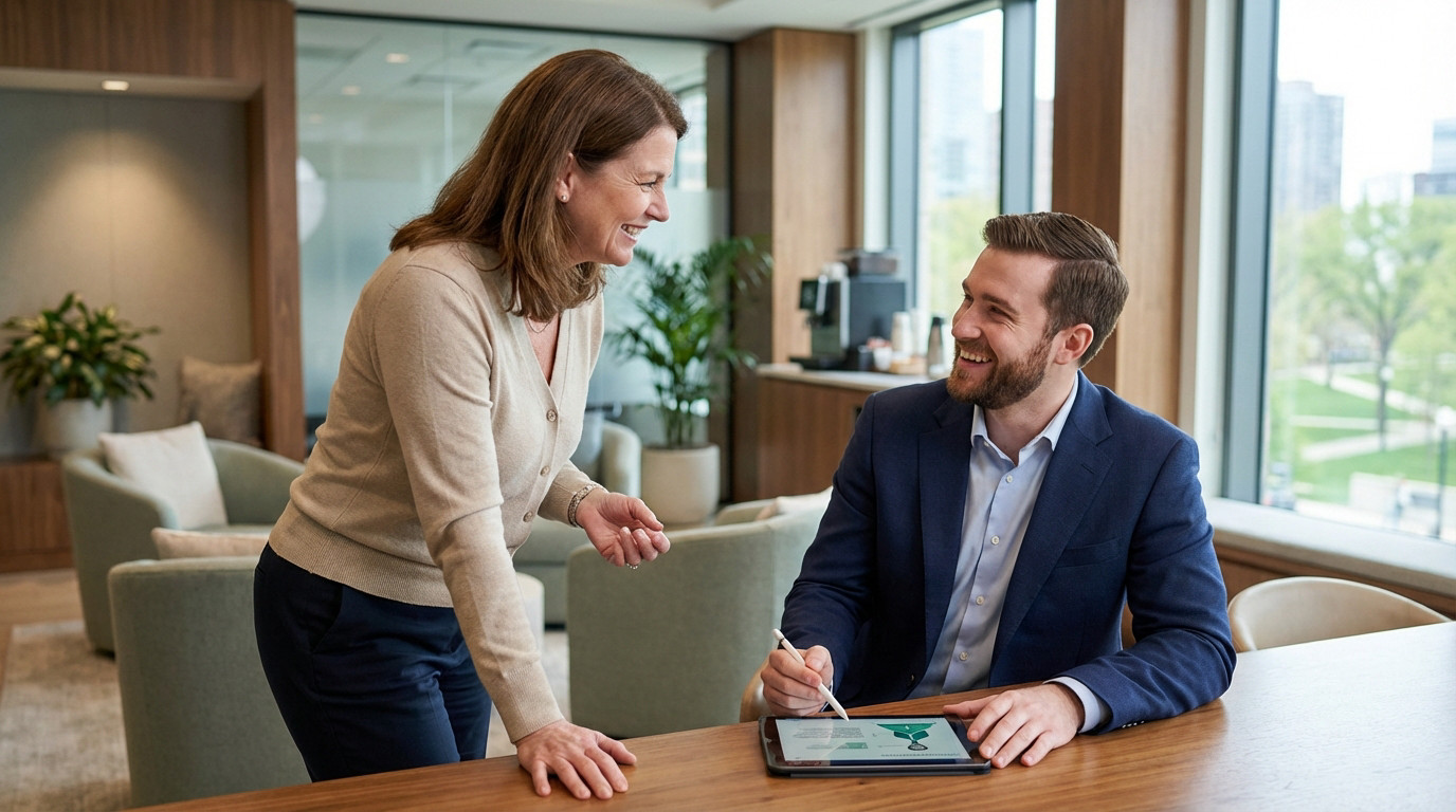 A smiling female customer and male service agent discuss on a tablet in a modern office, showcasing positive interaction.