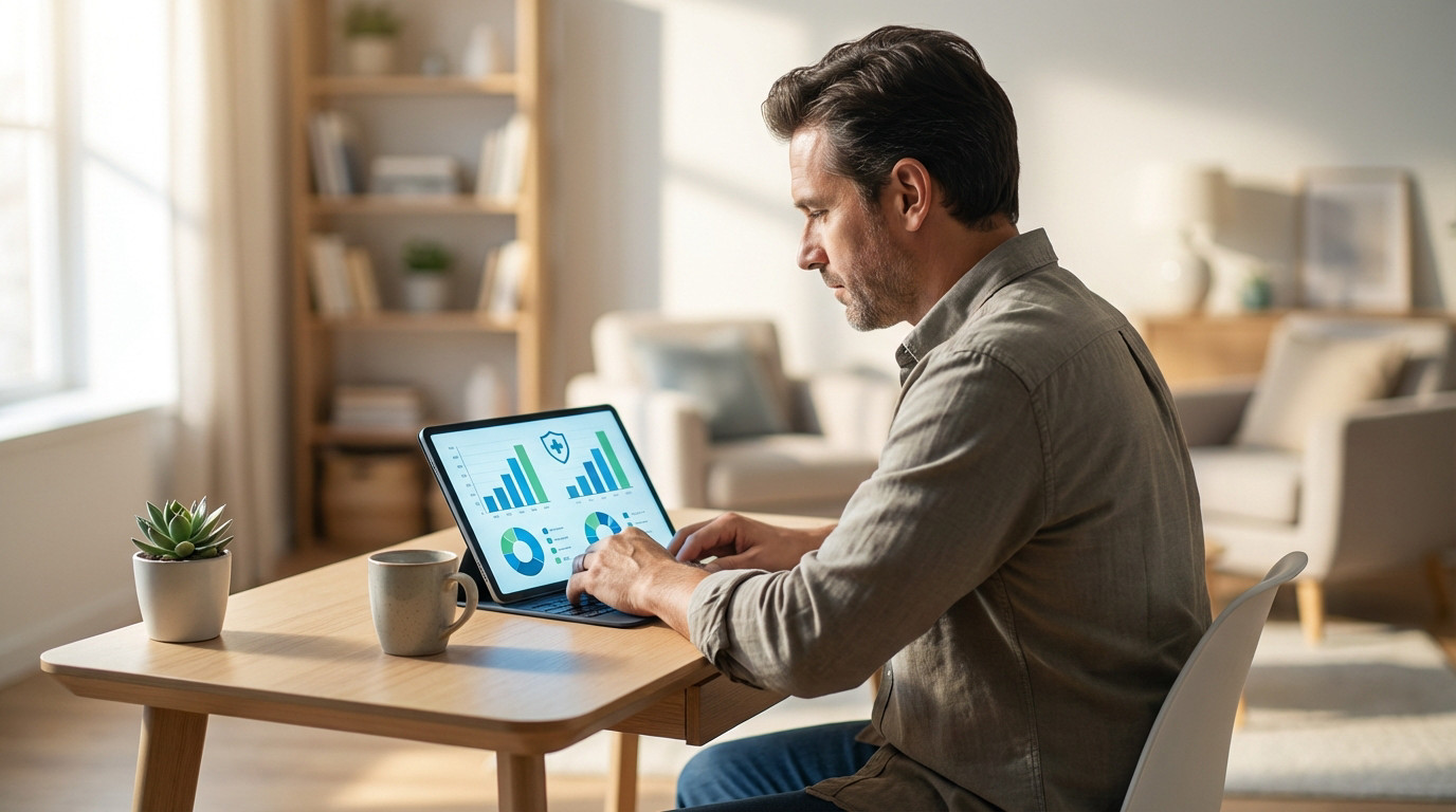 Man in home office comparing health insurance costs on a tablet with charts and graphs, focused on financial data.