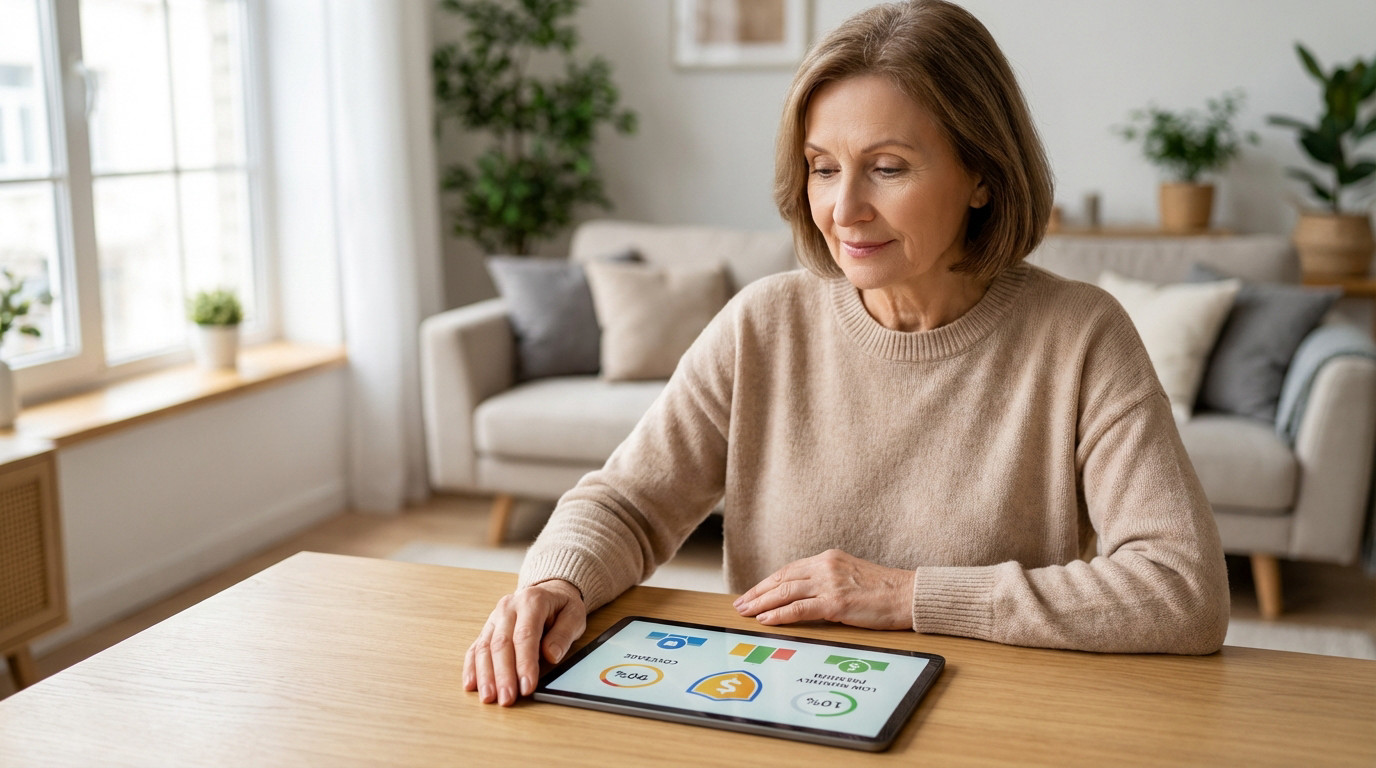 Thoughtful older woman reviews health insurance and retirement budget options on a tablet in a modern, sunlit home.