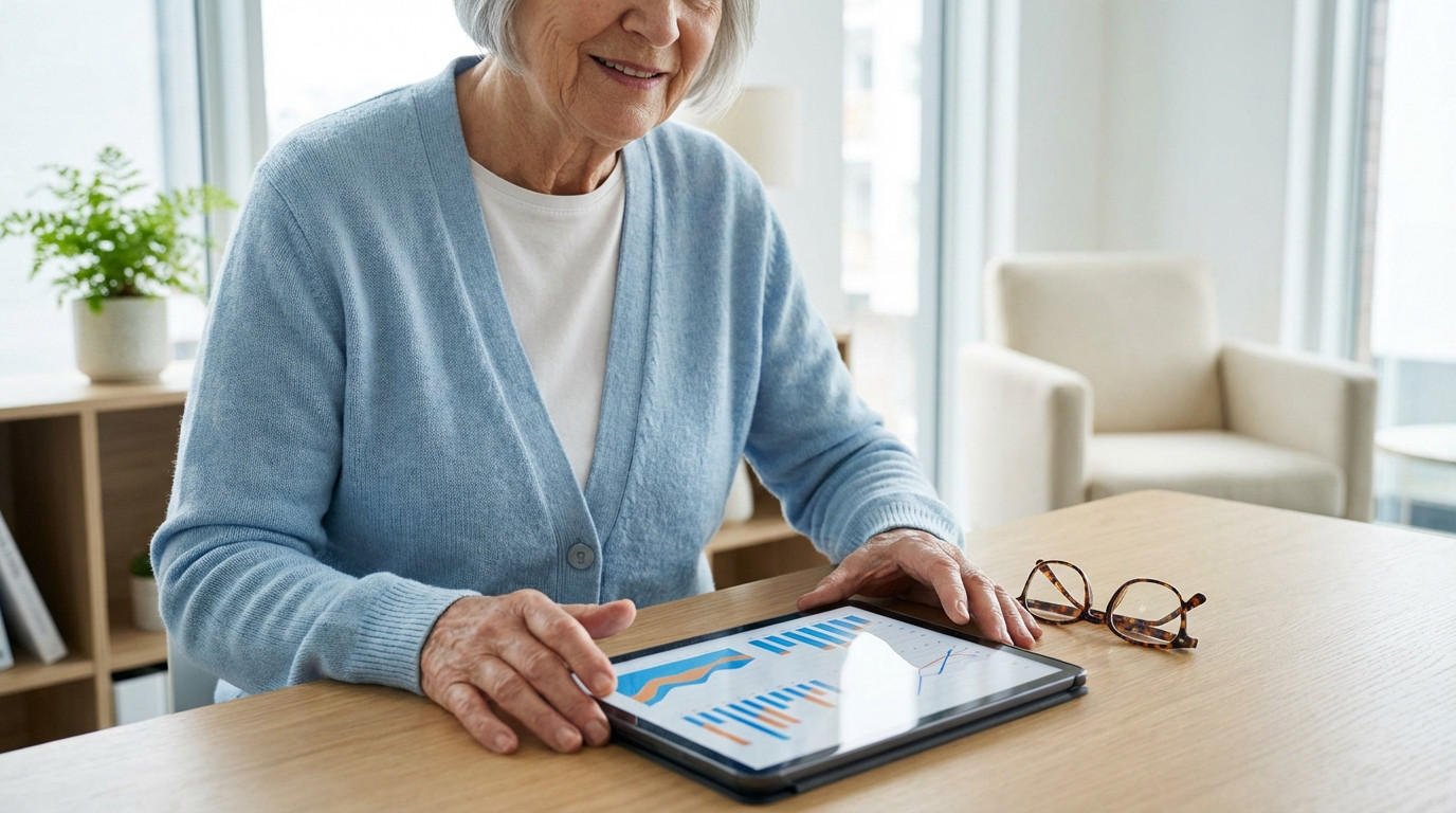 Senior with silver hair, blue cardigan, reviewing health data charts on a tablet. Calm smile, glasses nearby in a bright, modern setting.