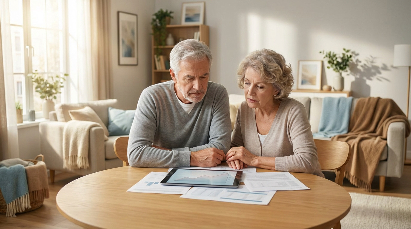 Mature Couple Analyzing Financial Data on Tablet Older couple thoughtfully reviewing financial data on a tablet with an upward graph and documents in a bright, modern living room.