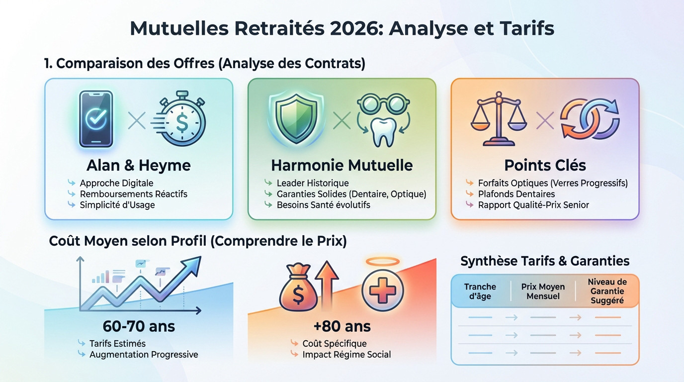 Graphique comparatif des tarifs et garanties des mutuelles seniors pour 2026