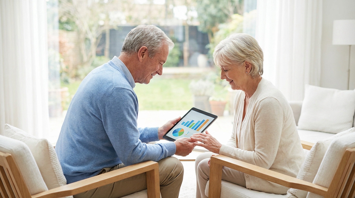 Two content seniors in a bright living room, a man holds a tablet with a colorful graph as a woman points, signifying informed retirement planning.