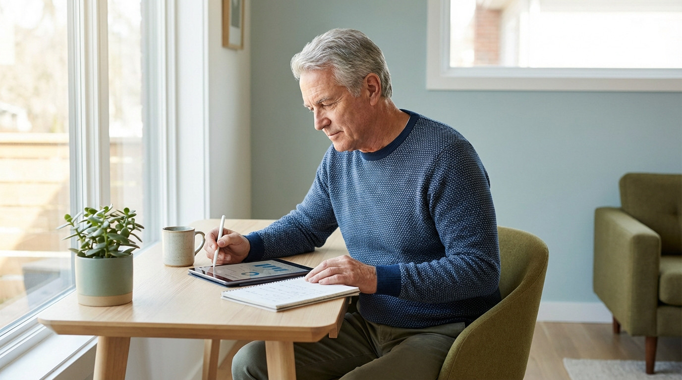 Senior Man Planning Future Finances at Home Senior man in blue sweater reviews financial data on a tablet with a stylus at a wooden table in a bright, calm home office.
