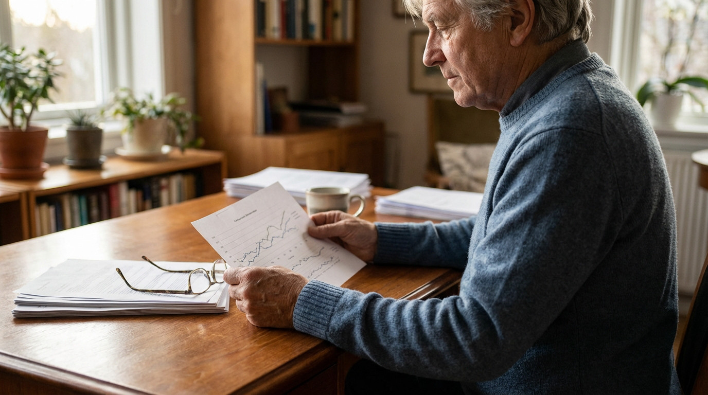 An older man in a blue sweater thoughtfully reviews financial documents with graphs at a polished wooden desk in a home office.