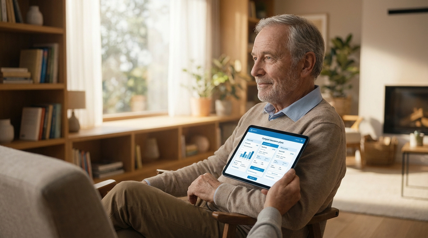 Comparateur mutuelle senior sur tablette Homme senior comparant des mutuelles sur une tablette affichant options tarifaires et graphiques, dans un salon lumineux.