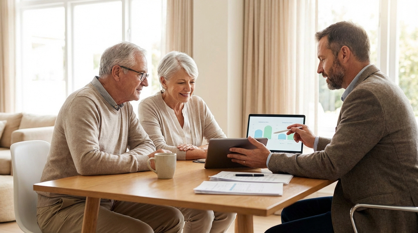 Seniors et expert : choisir la meilleure mutuelle santé Couple senior consulte un conseiller expert pour leur mutuelle santé, regardant des données sur tablette et ordinateur portable.