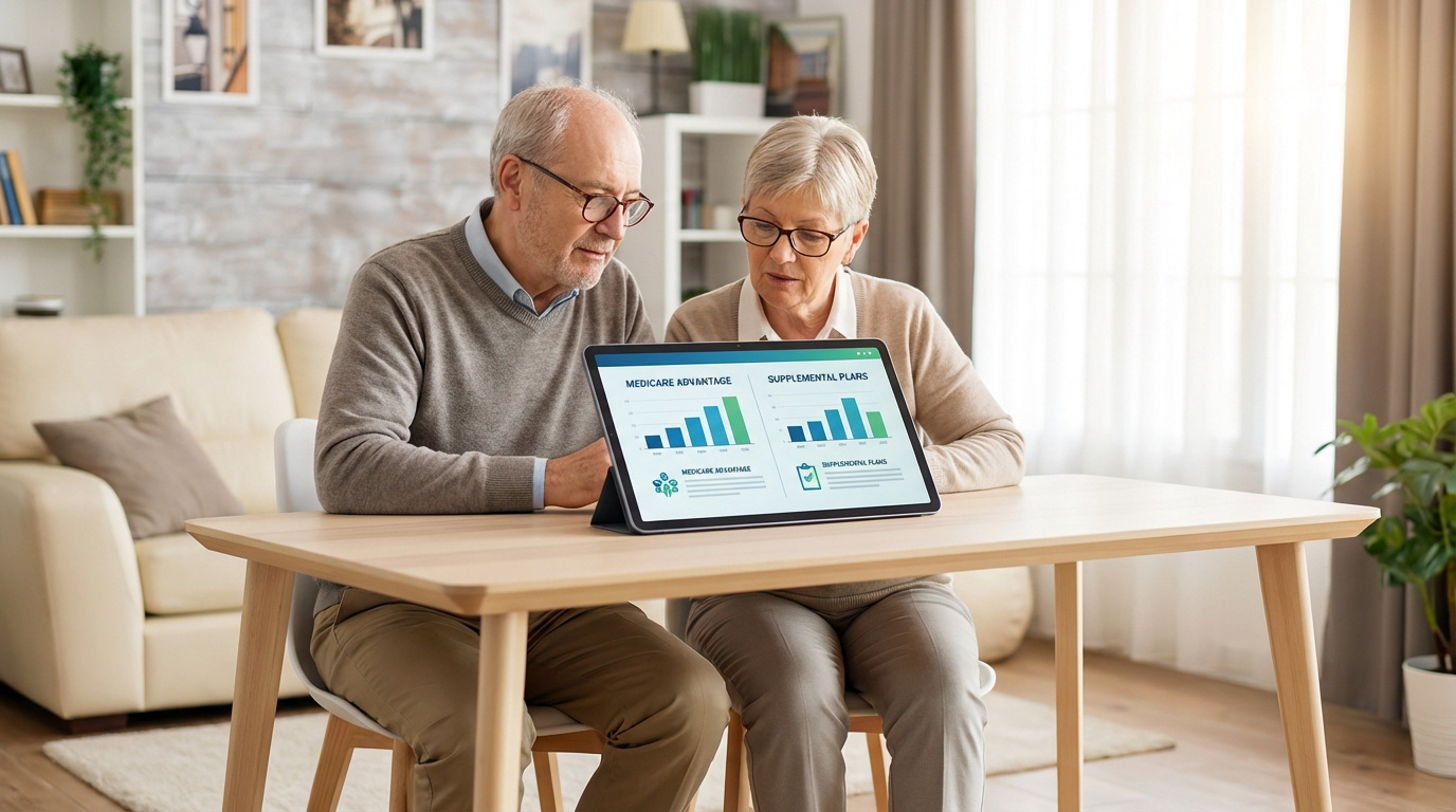 Un couple senior regarde attentivement une tablette montrant des graphiques de mutuelle santé, planifiant sa couverture pour la retraite.