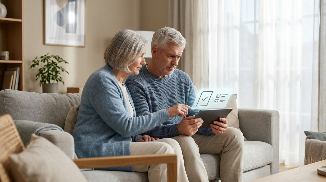 Couple senior et mutuelle : faire le bon choix digital Un couple senior sur un canapé, discutant devant une tablette affichant une checklist numérique pour choisir une mutuelle.