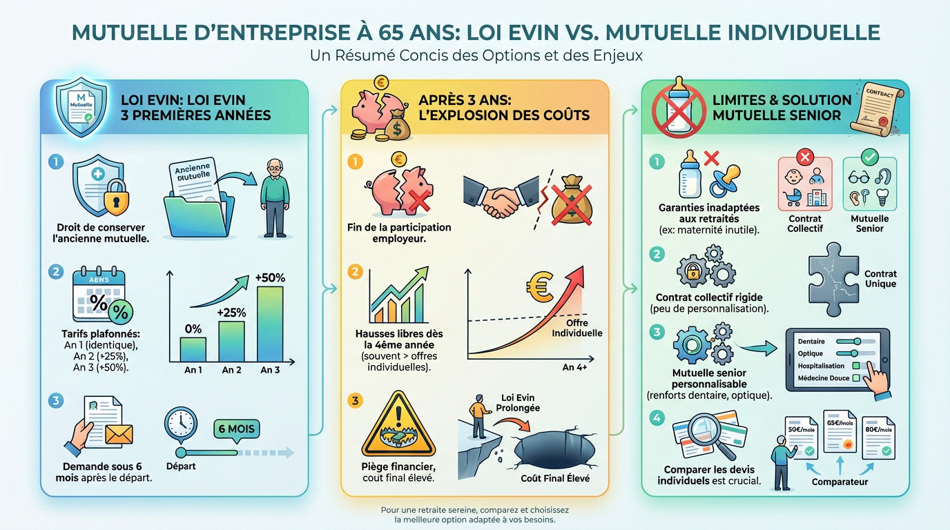Comparaison entre le maintien de la mutuelle entreprise loi Evin et une mutuelle senior individuelle