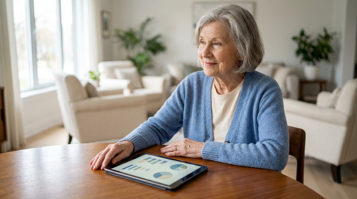 Senior et gestion financière sur tablette Femme senior aux cheveux gris assise à table, regardant au loin. Une tablette avec des graphiques financiers est devant elle.
