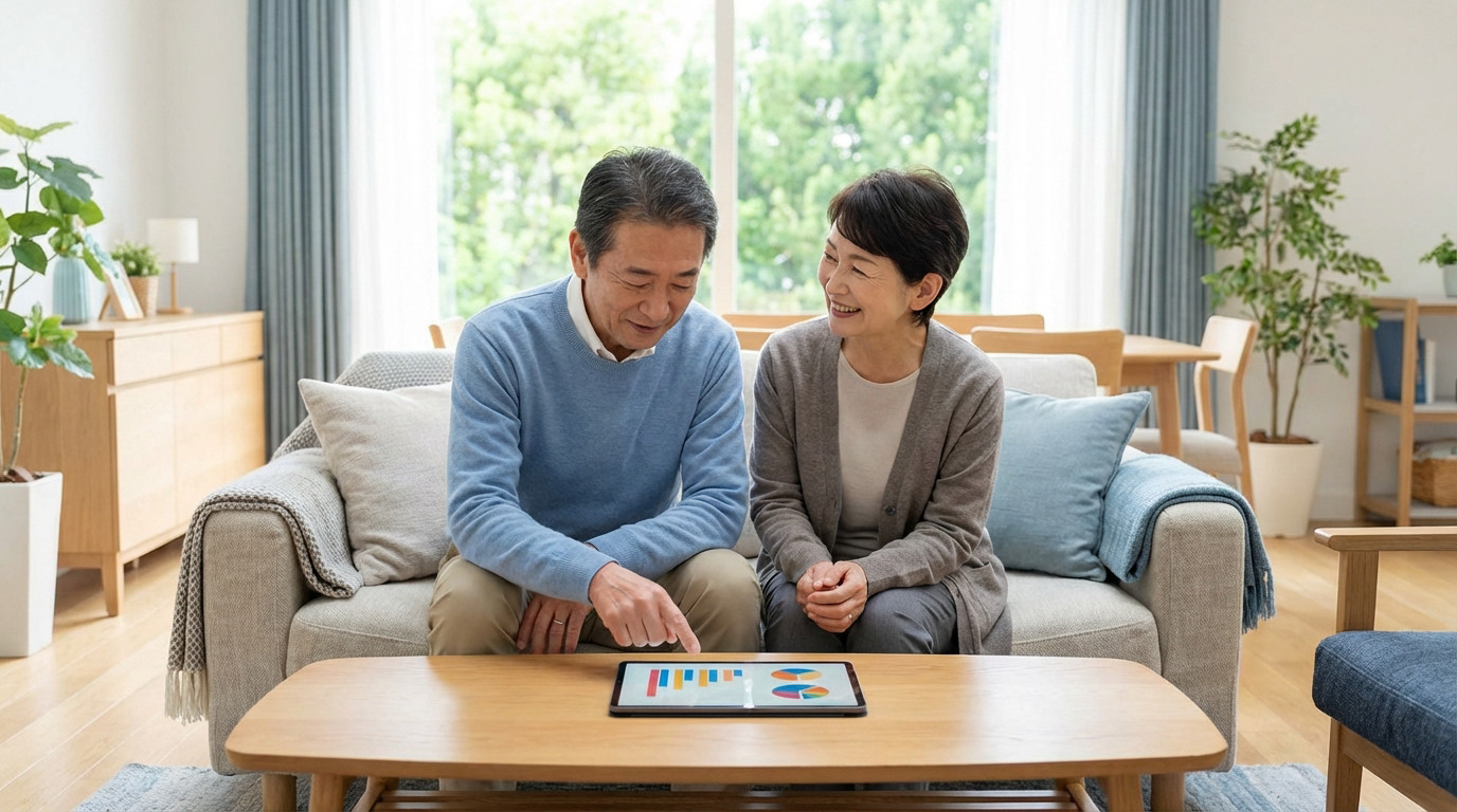 Un couple de retraités souriants examine des options de mutuelle sur une tablette dans leur salon lumineux et verdoyant.