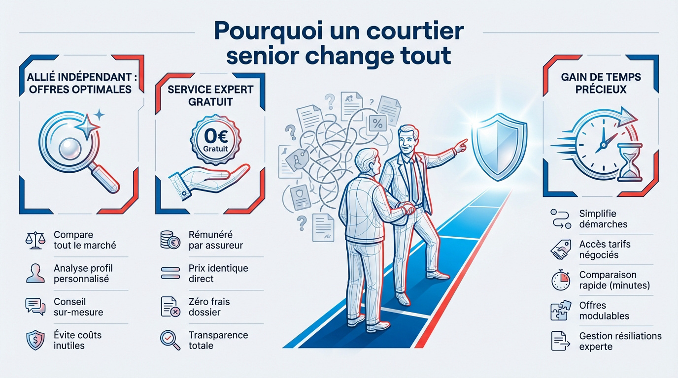 Un courtier expert expliquant les garanties d'une mutuelle santé à un couple de seniors