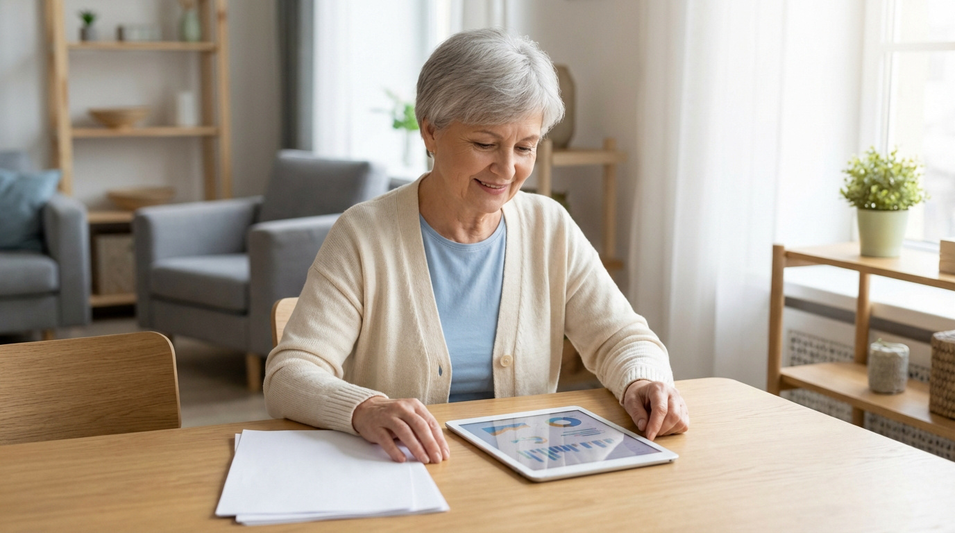 Une femme senior souriante consulte une tablette affichant des graphiques pour sa mutuelle retraite, avec des papiers sur la table.