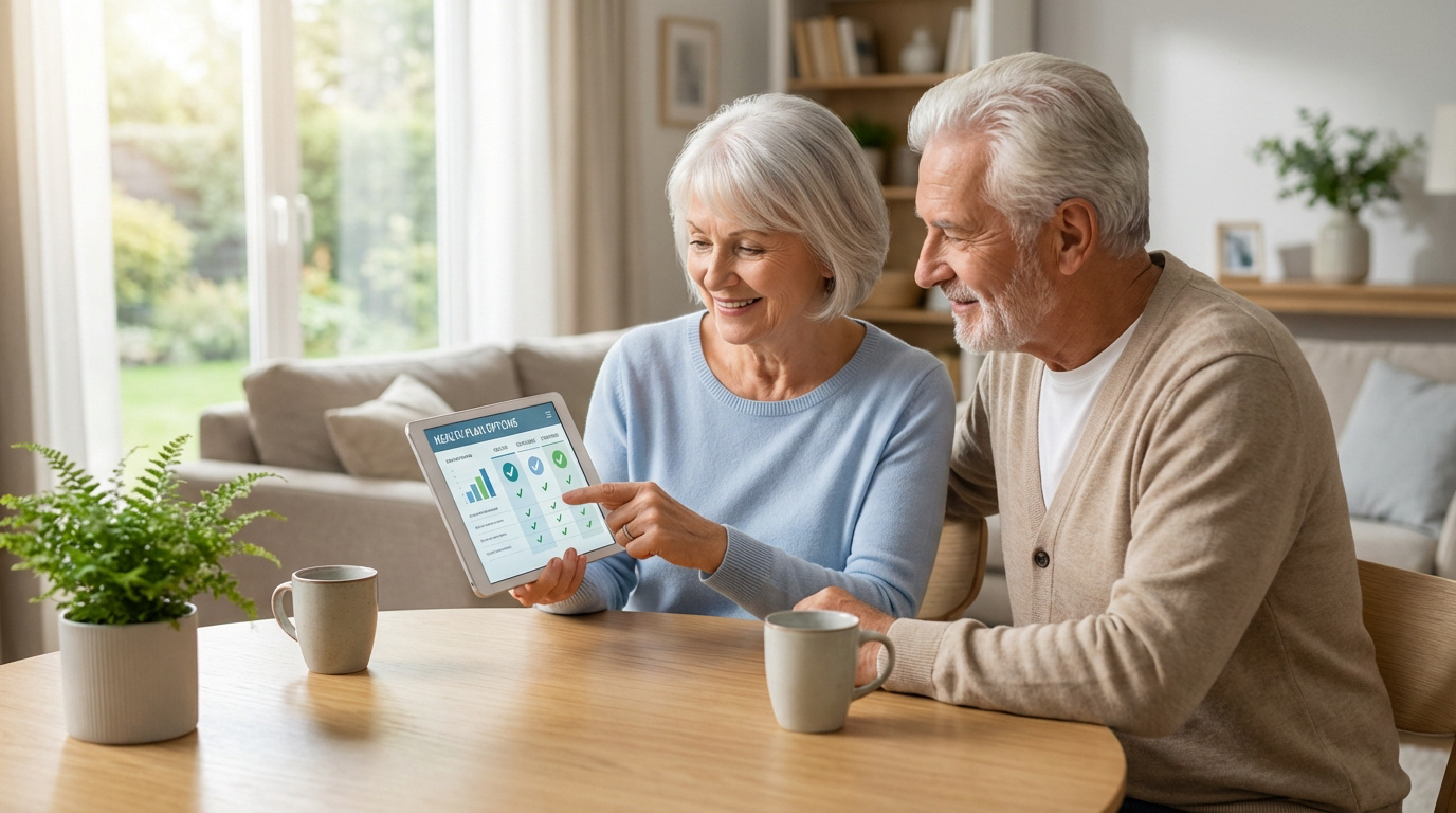 Un couple senior souriant consulte des options de mutuelle santé sur une tablette, pointant l'écran dans un salon lumineux.