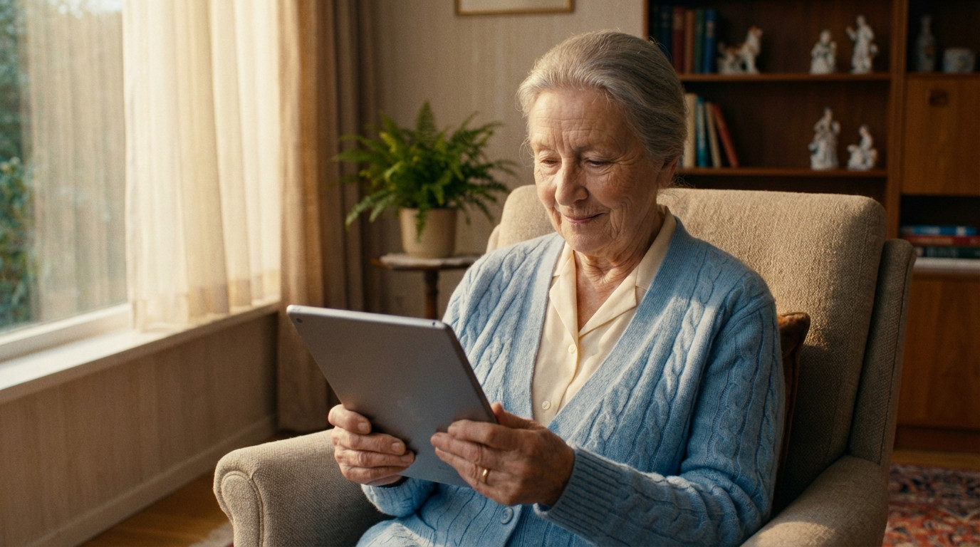 Serene Senior Woman Enjoying Tablet in Sunlight Elderly woman in a blue cardigan sits in a cozy, sunlit room, calmly viewing a tablet. Blurred background shows a bookshelf.