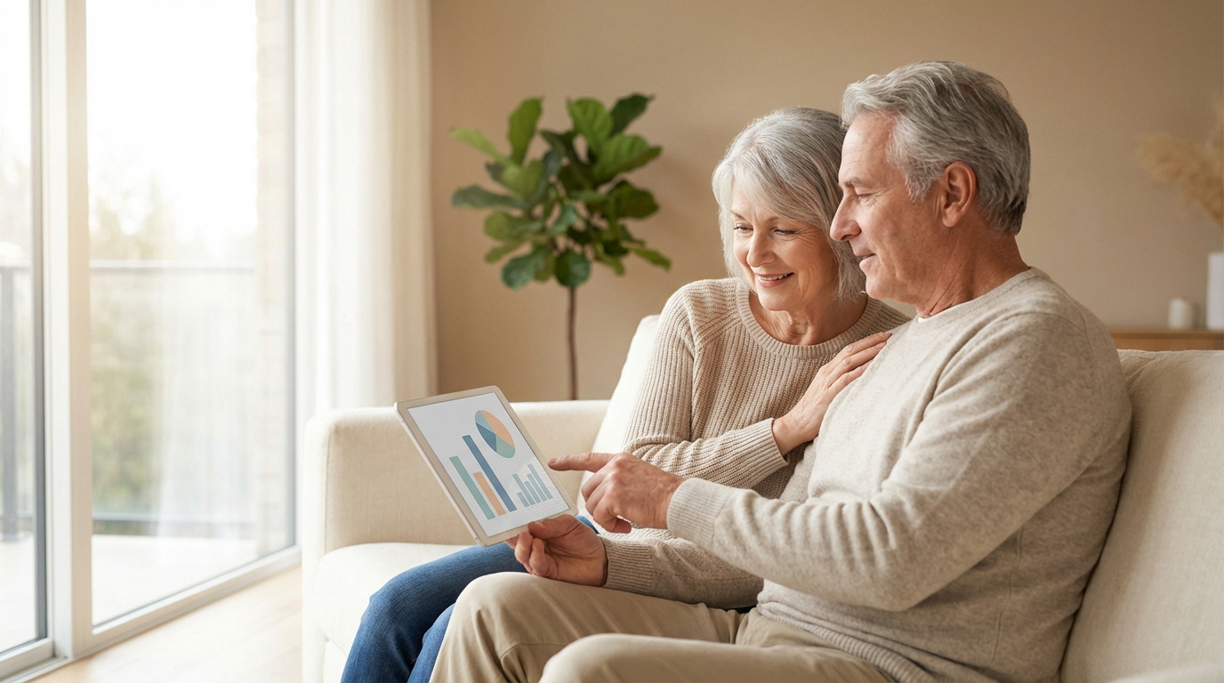 Couple senior souriant sur un canapé, consultant une tablette affichant des graphiques. L'homme pointe l'écran, la femme le regarde.