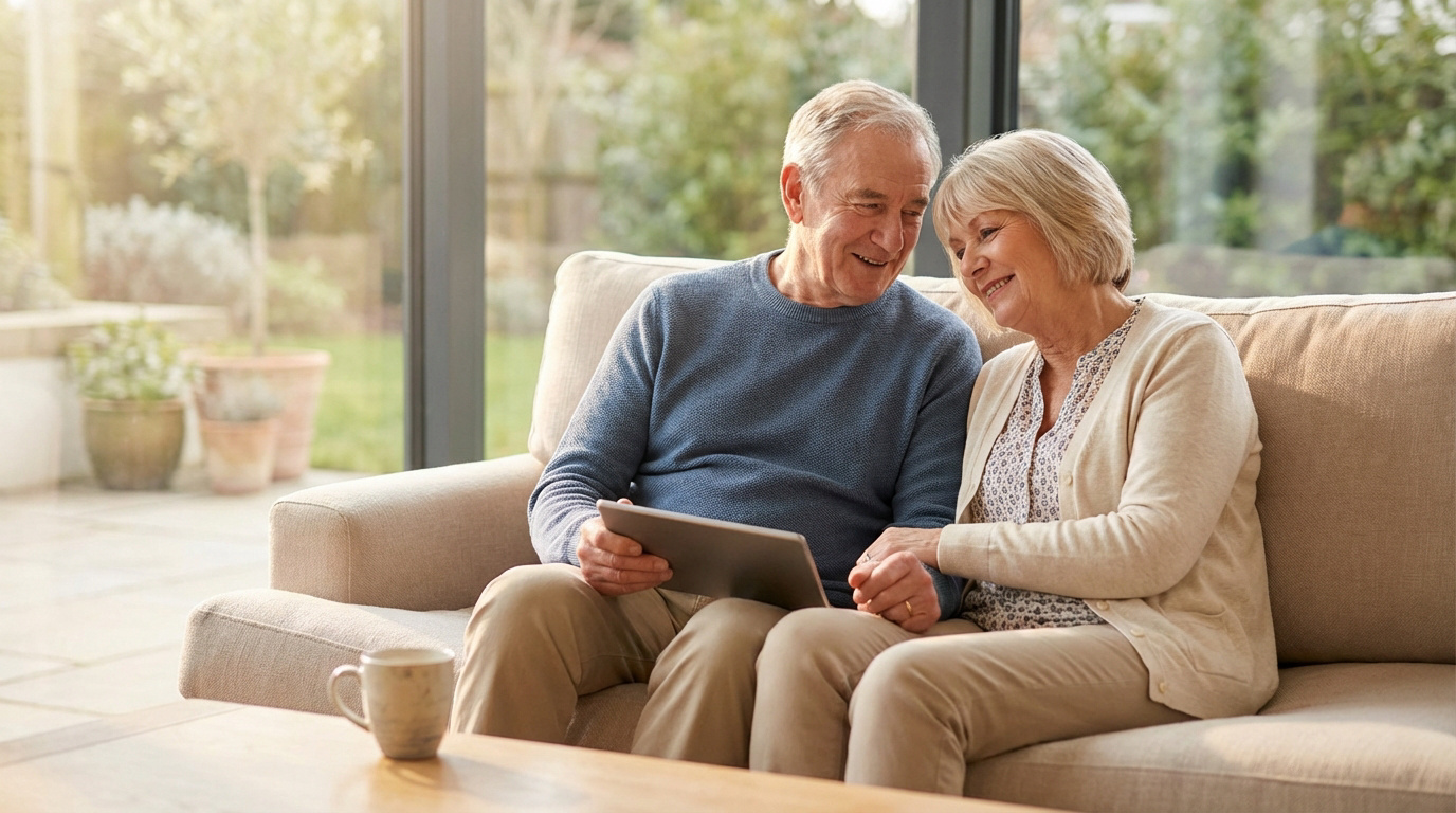 Couple senior recherchant une mutuelle sur tablette Couple senior souriant, assis sur un canapé près d'une fenêtre lumineuse, regardant ensemble une tablette numérique.