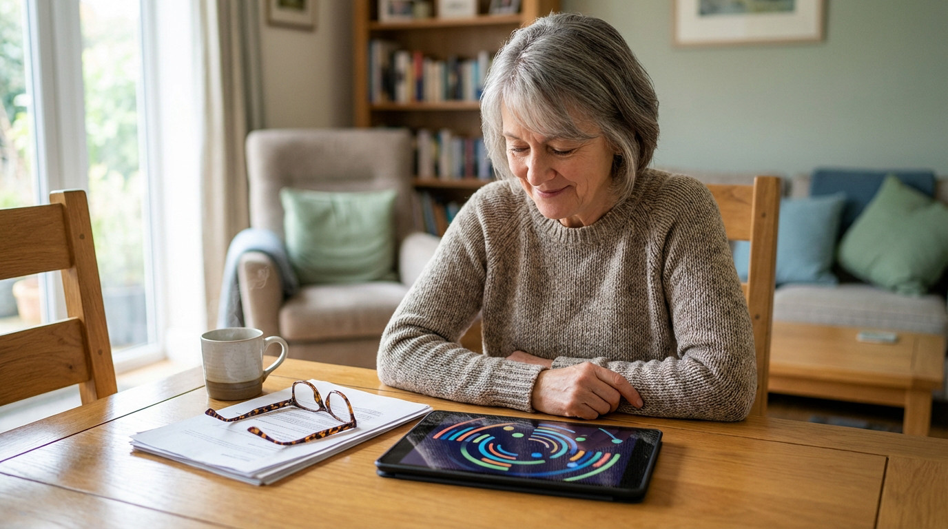 Femme âgée aux cheveux gris examine une tablette avec des graphiques colorés à côté de papiers et lunettes sur une table en bois.