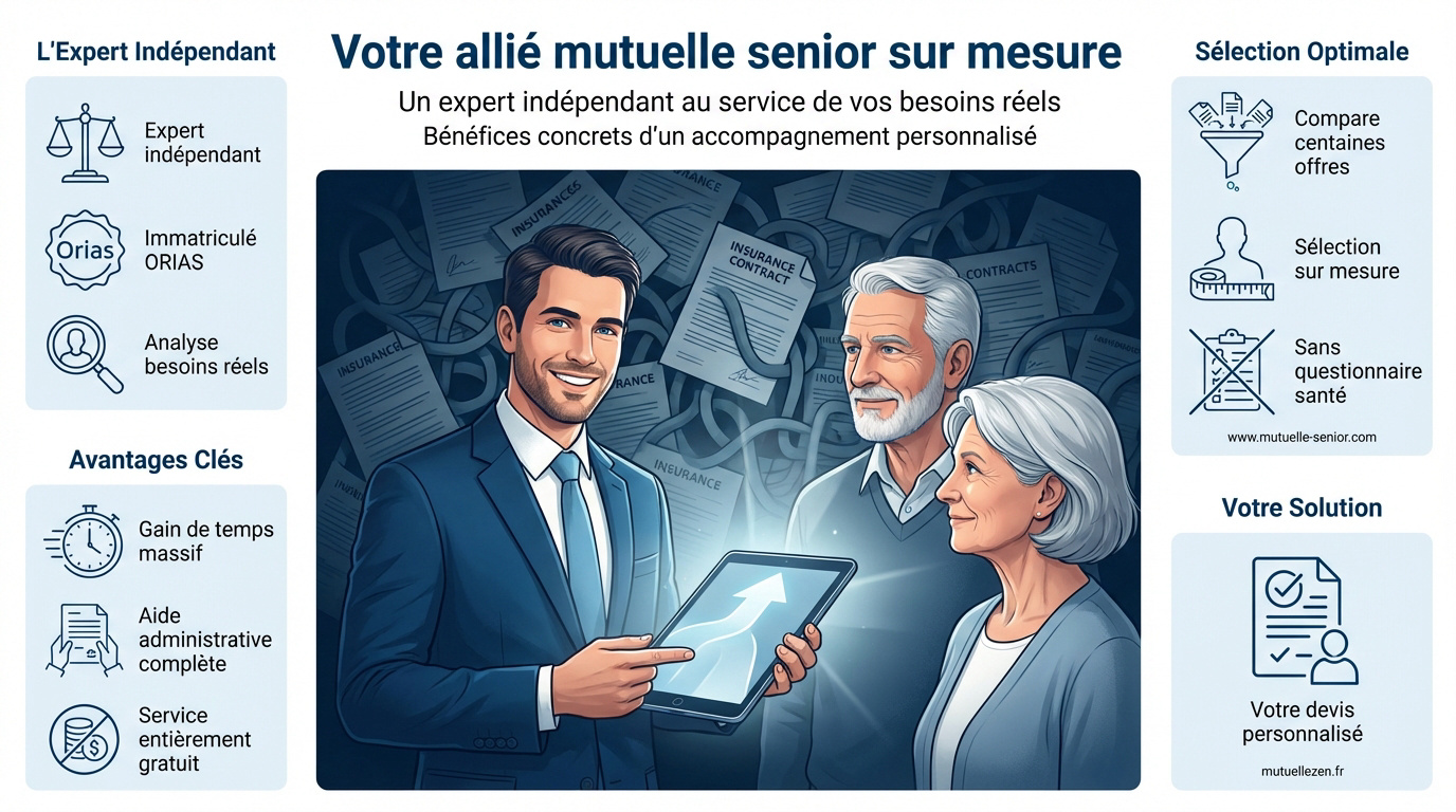 Courtier expert conseillant un senior pour sa mutuelle santé