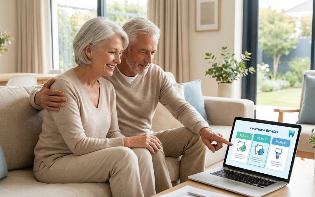 Couple senior souriant, assis sur un canapé, examinant des plans de mutuelle dentaire sur un ordinateur portable.