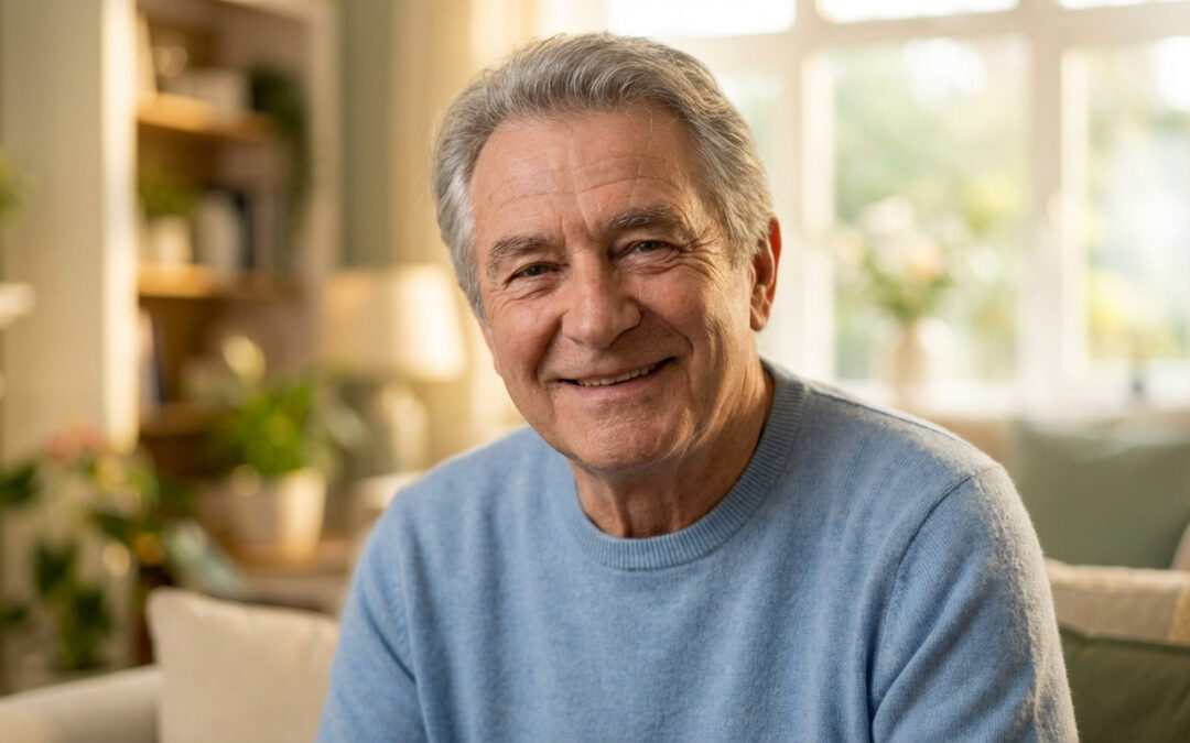 Portrait d'un homme senior souriant aux cheveux gris et pull bleu clair, assis dans un salon lumineux.