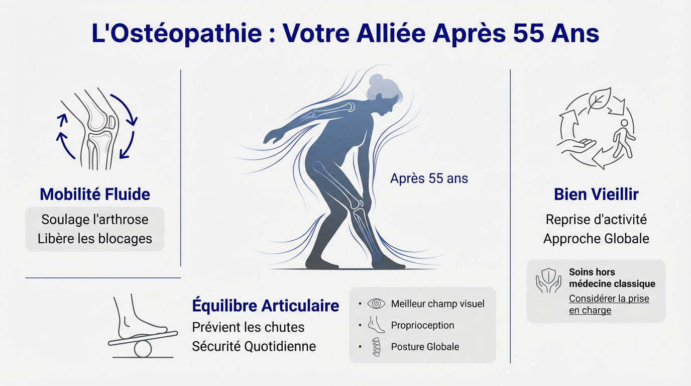 Séance d'ostéopathie douce pour une personne senior afin de soulager l'arthrose