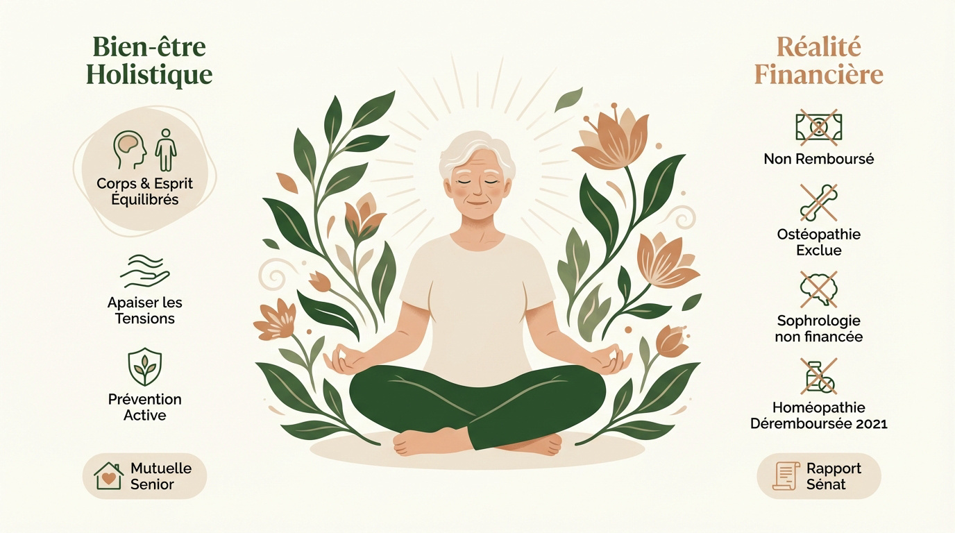 Senior serein découvrant les bienfaits des médecines douces malgré les contraintes de remboursement