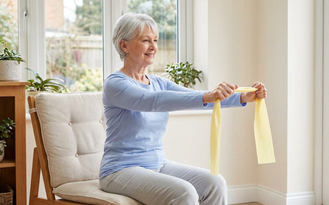 Femme senior souriante assise, effectuant des exercices de rééducation avec une bande élastique jaune dans un intérieur lumineux.