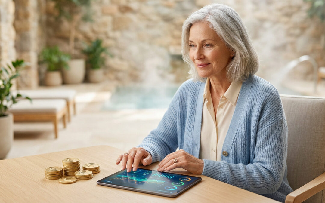 Sénior souriante consulte une tablette avec graphiques financiers. Des piles de pièces euro sont sur la table, cadre spa.