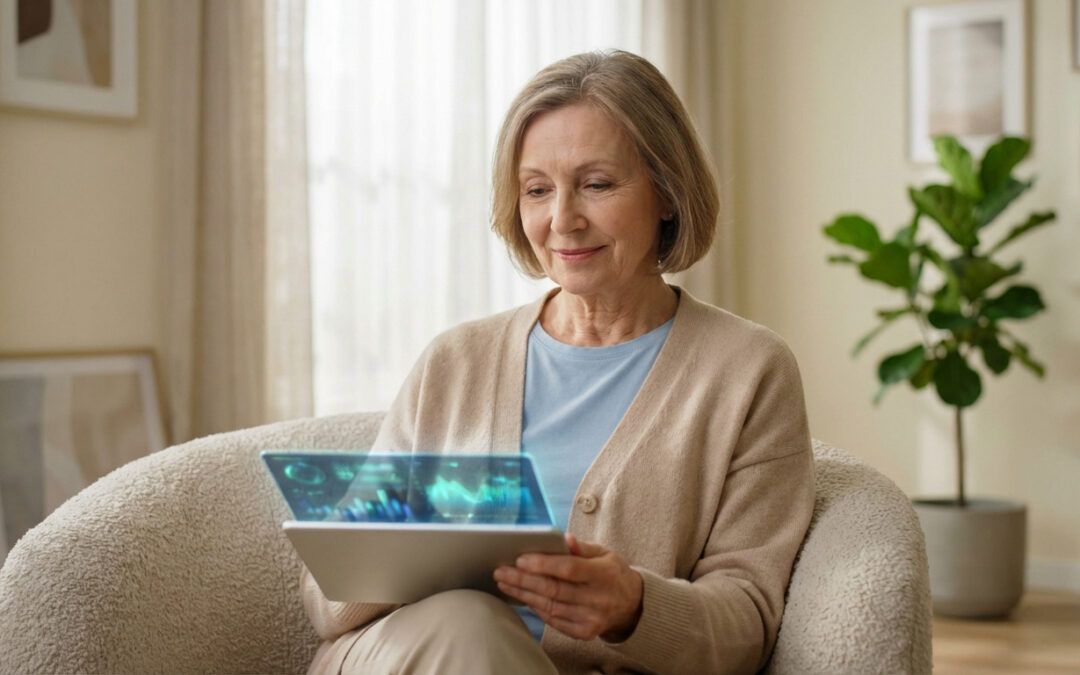 Femme senior souriante utilise une tablette à affichage holographique, naviguant confortablement dans ses options.
