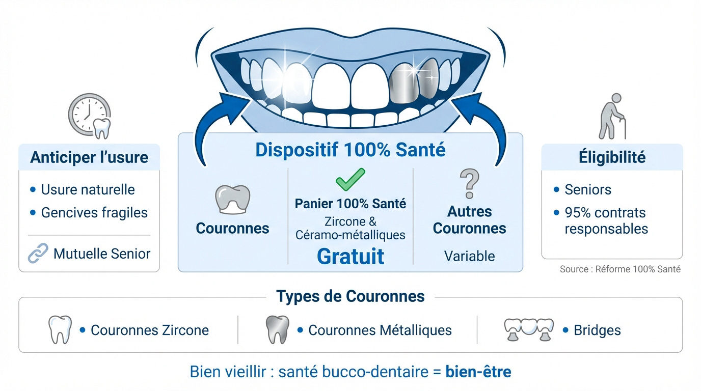 Infographie explicative du dispositif 100% Santé pour les couronnes dentaires des seniors