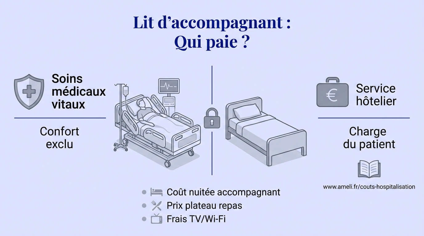 Proche au chevet d'un patient senior à l'hôpital avec un lit d'accompagnant