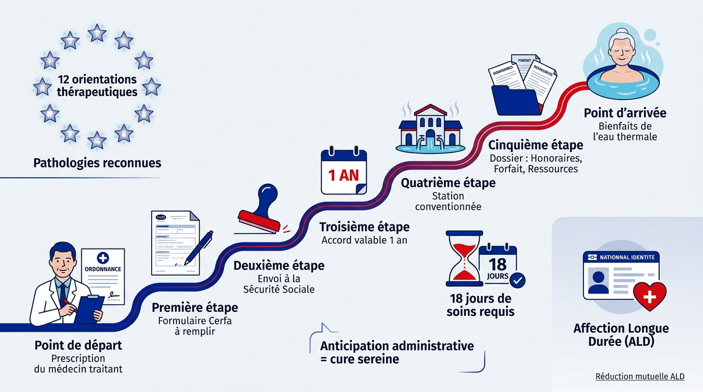 Schéma explicatif du parcours de remboursement pour une cure thermale senior