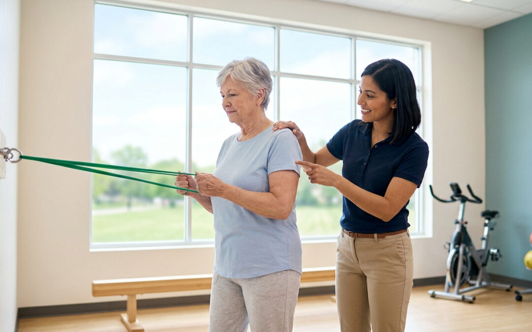 Femme senior exerçant avec une bande de résistance sous la supervision d'une physiothérapeute dans une salle lumineuse.