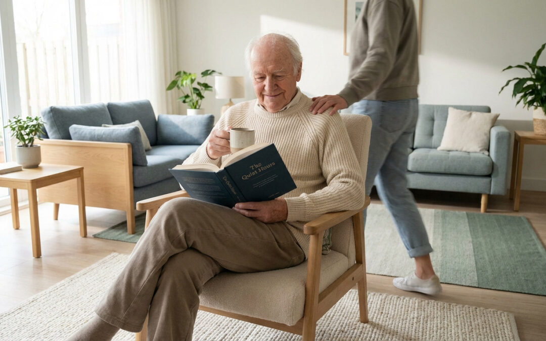 Un homme âgé lit un livre, assis dans un fauteuil, avec une personne posant sa main sur son épaule dans un salon lumineux.
