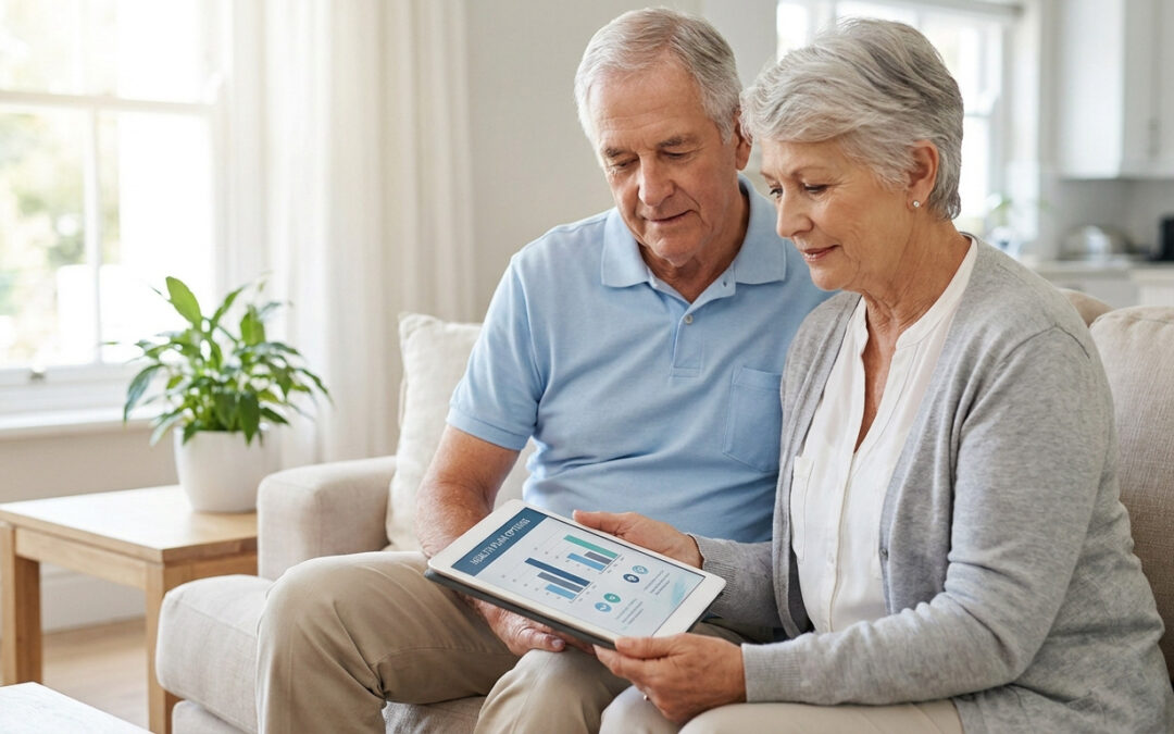Un couple de personnes âgées assis sur un canapé consultant un graphique sur une tablette numérique.