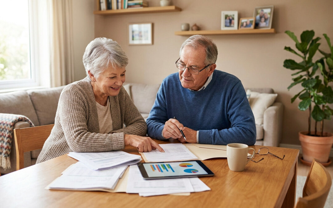 Un couple senior souriant examine des documents et une tablette avec graphiques à table, planifiant leur avenir.
