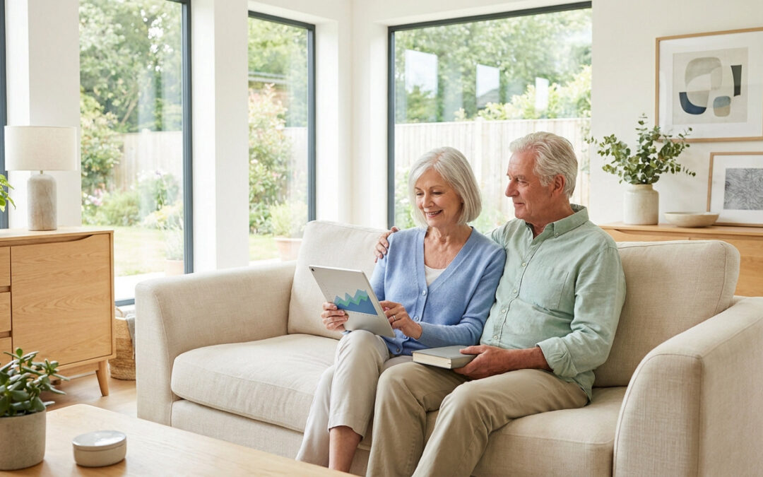 Un couple de seniors souriants assis sur un canapé, la femme consulte une tablette avec des graphiques tandis que l'homme la regarde.