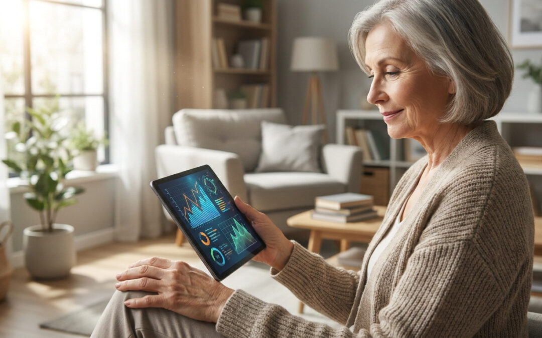 Femme senior aux cheveux gris consulte sa tablette avec des graphiques, illustrant la gestion de frais de santé à domicile.