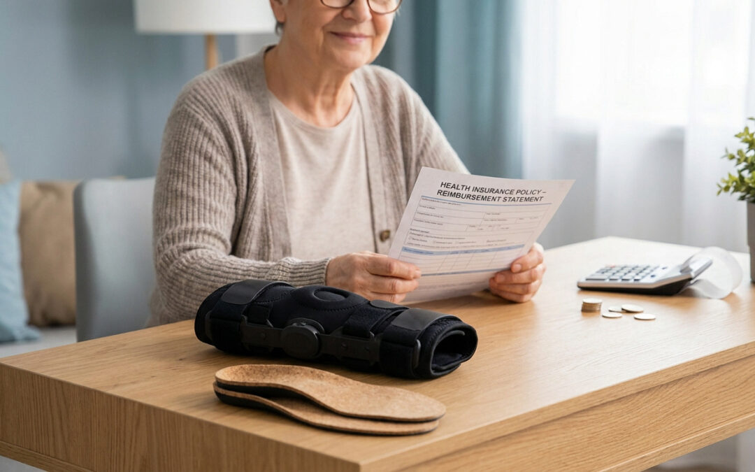 Une personne âgée examine un relevé de remboursement d'assurance santé à côté d'une genouillère et de semelles orthopédiques.