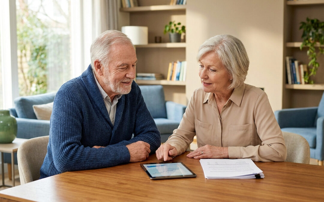 Un couple de retraités souriants examine des documents et une tablette numérique sur une table de salon.