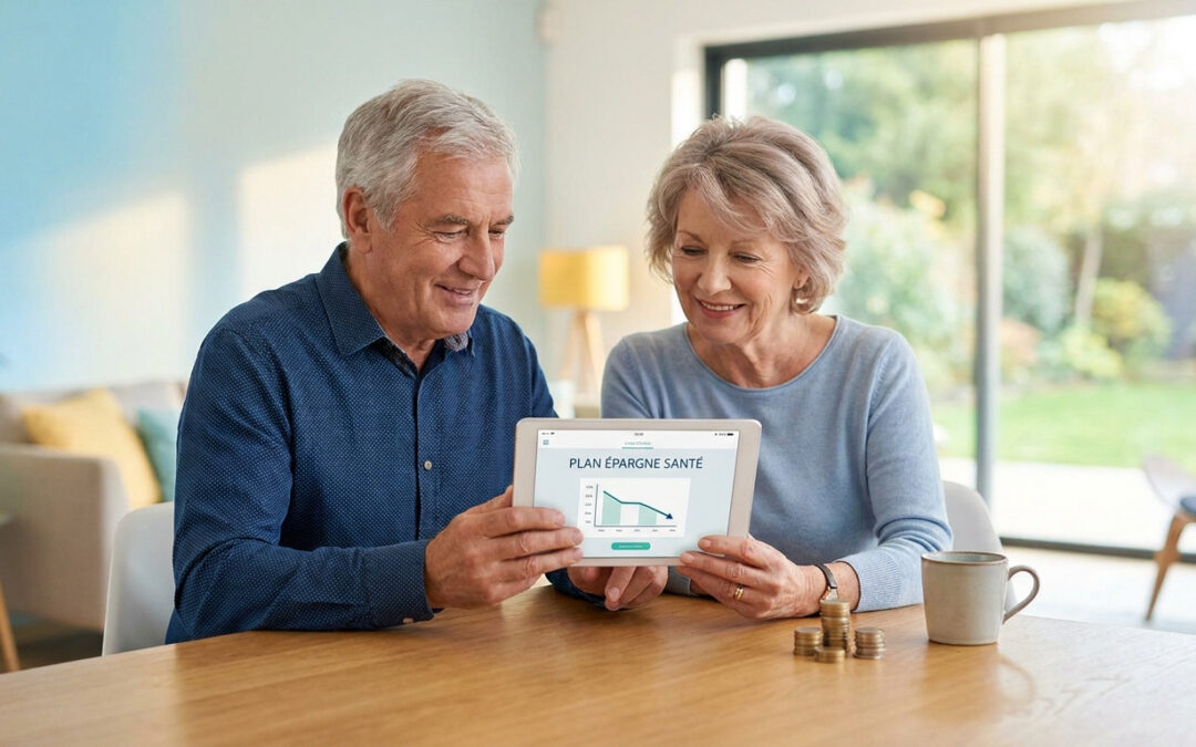 Couple de seniors souriant consultant un graphique d'épargne santé sur une tablette numérique.