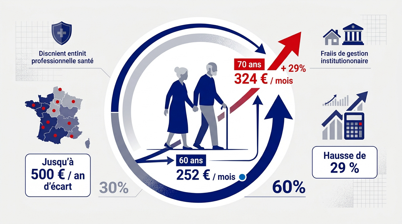 Graphique montrant l'augmentation des tarifs de mutuelle senior selon l'âge et la région
