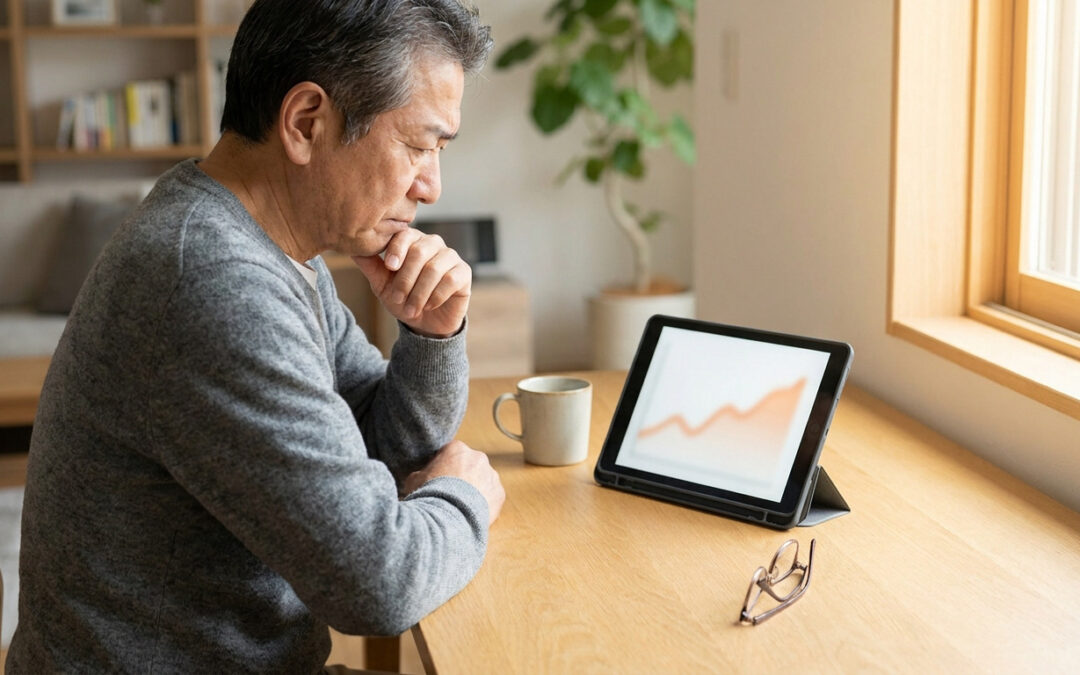 Un homme âgé consulte avec inquiétude un graphique de hausse de prix sur sa tablette numérique à son domicile.